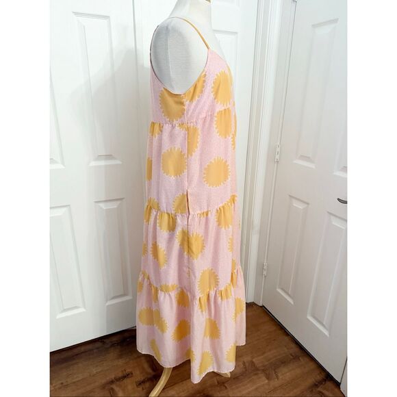 J. Marie Sun Floral Pink Orange Spaghetti Strap Tiered Summer Midi Maxi Dress L - Picture 2 of 5